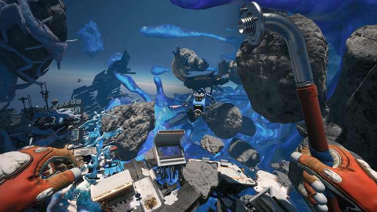 First-person view holding a pipe with a flange while blue frozen growths cover station wreckage and a small robot hovers ahead