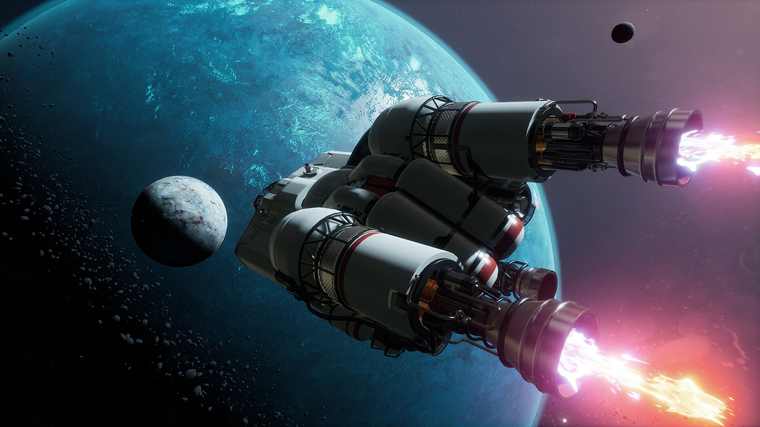 A white twin-engine shuttle fires its engines past a blue planet and a small moon